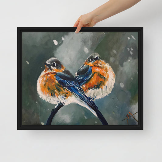 Love Birds in Snow - Framed Canvas Wall Decor