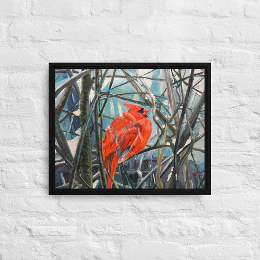 Cardinal in Winter Branches - Framed Canvas Wall Decor