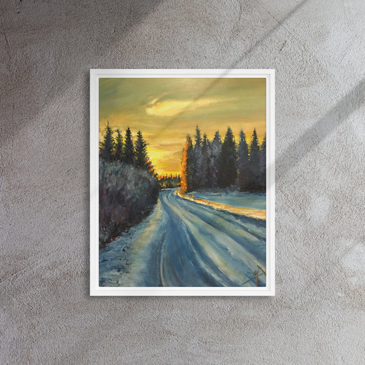 Snowed Road at Sunset - Framed Canvas Wall Decor